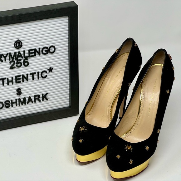 Our vintage Charlotte Olympia Dolly Spider-Studded Suede Platform Pumps. - Picture 1 of 11